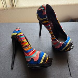 Giuseppe Zanotti Multicolor Satin Printed Peep Toe Pumps Italian